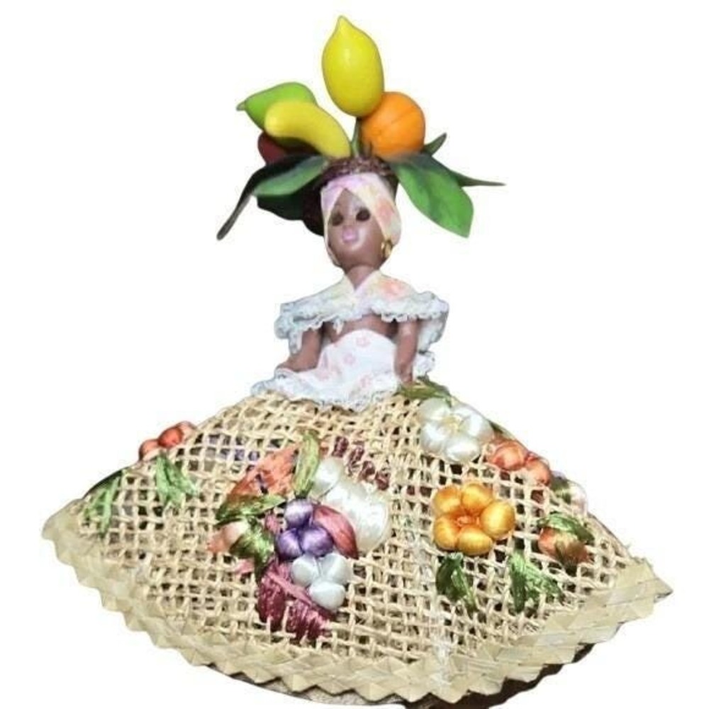 Caribbean Bahamas Handmade Souvenir Doll, Floral Skirt Fruit Hat, 12" Vintage